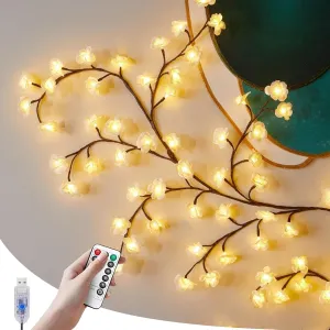LED Tree Branch Lights for Wall Rose Lights with Remote and 8 Lighting Modes Rose Garland Willow Vine for Bedroom Indoor Wall Wedding Valentines Day Decor (White 2.3M 144LEDs)