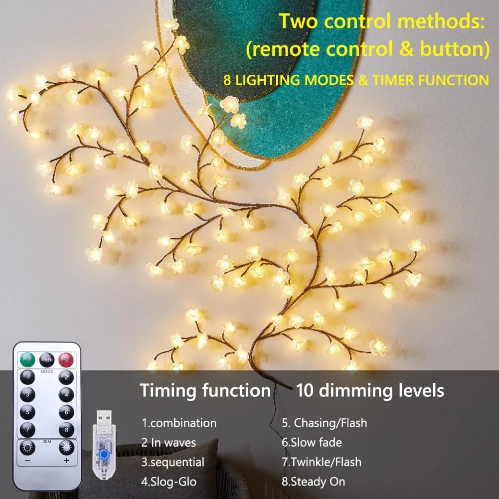 LED Tree Branch Lights for Wall Rose Lights with Remote and 8 Lighting Modes Rose Garland Willow Vine for Bedroom Indoor Wall Wedding Valentines Day Decor (White 2.3M 144LEDs)