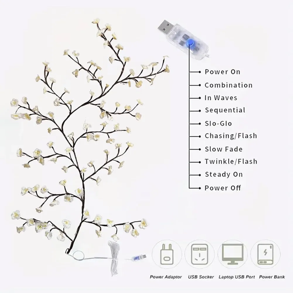 LED Tree Branch Lights for Wall Rose Lights with Remote and 8 Lighting Modes Rose Garland Willow Vine for Bedroom Indoor Wall Wedding Valentines Day Decor (White 2.3M 144LEDs)