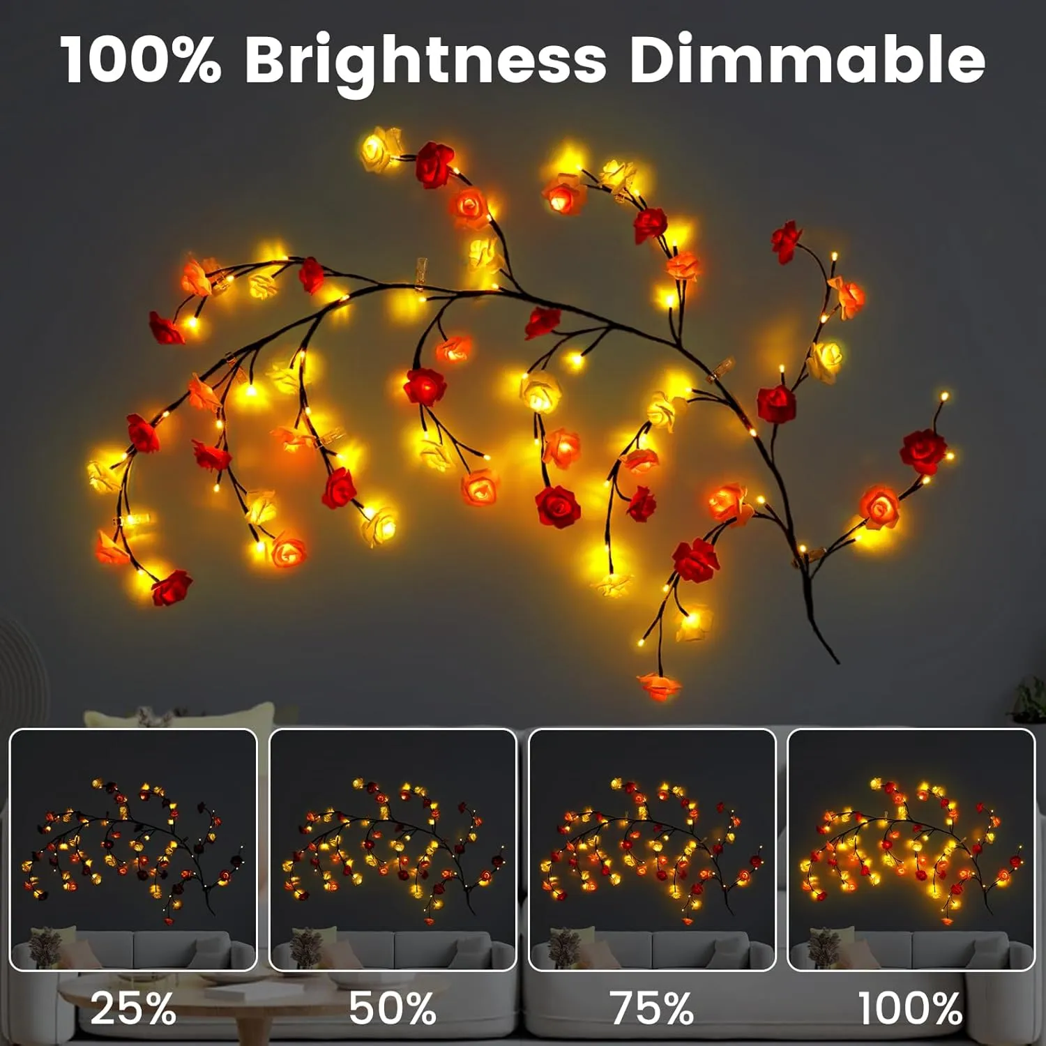 LED Tree Branch Lights With Remote and 8 Lighting Modes - Rose Garland Willow Vine for Bedroom Indoor Wall Wedding Valentines Day Decor (2.3M 144LEDs)