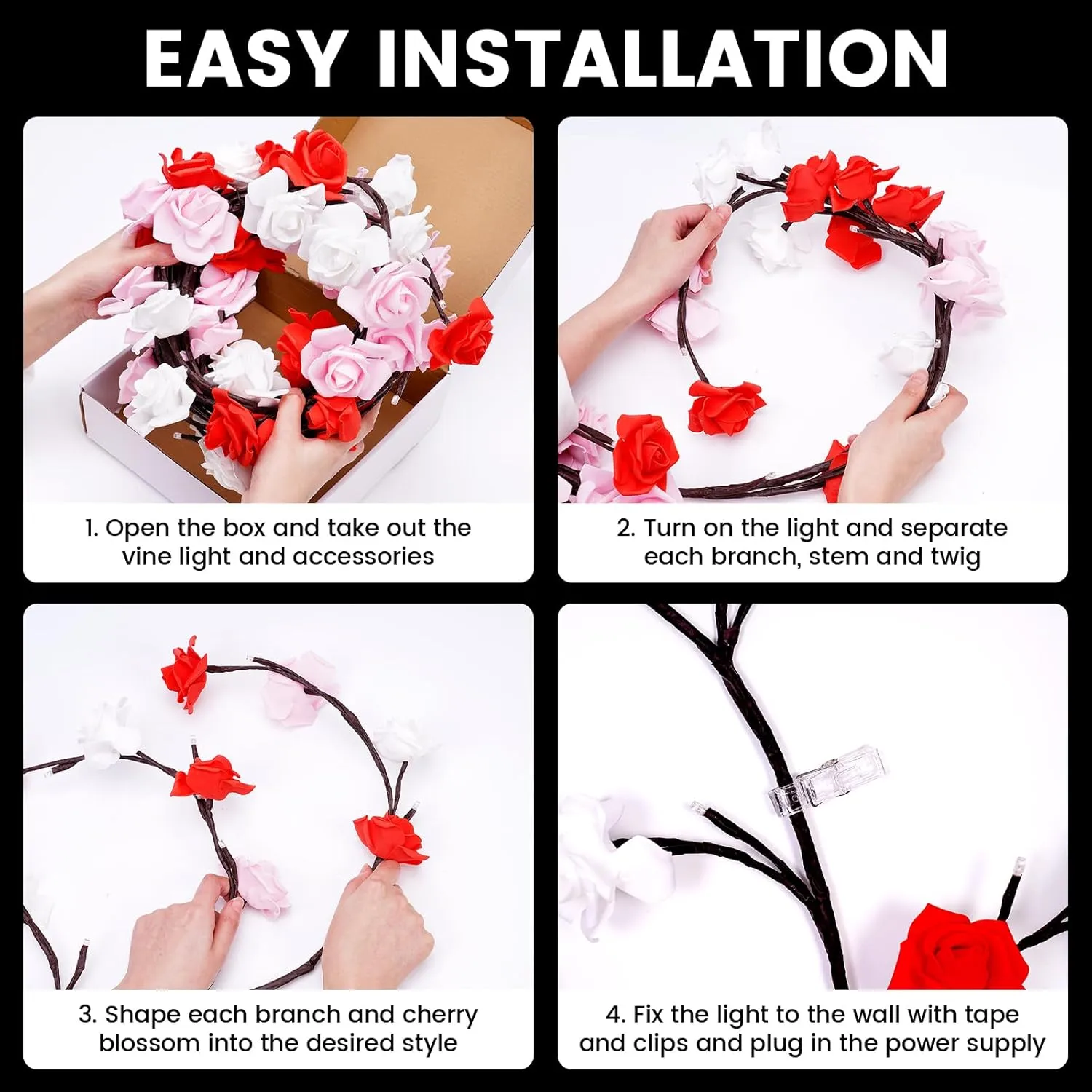 LED Tree Branch Lights With Remote and 8 Lighting Modes - Rose Garland Willow Vine for Bedroom Indoor Wall Wedding Valentines Day Decor (2.3M 144LEDs)