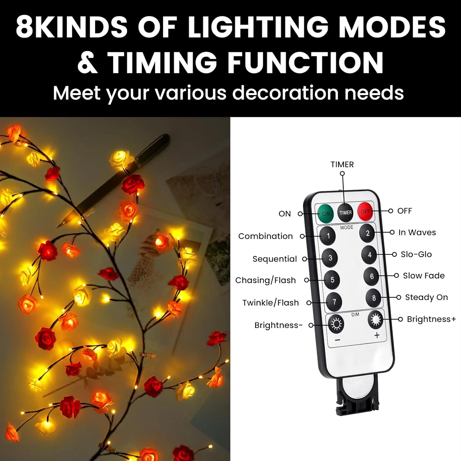 LED Tree Branch Lights With Remote and 8 Lighting Modes - Rose Garland Willow Vine for Bedroom Indoor Wall Wedding Valentines Day Decor (2.3M 144LEDs)