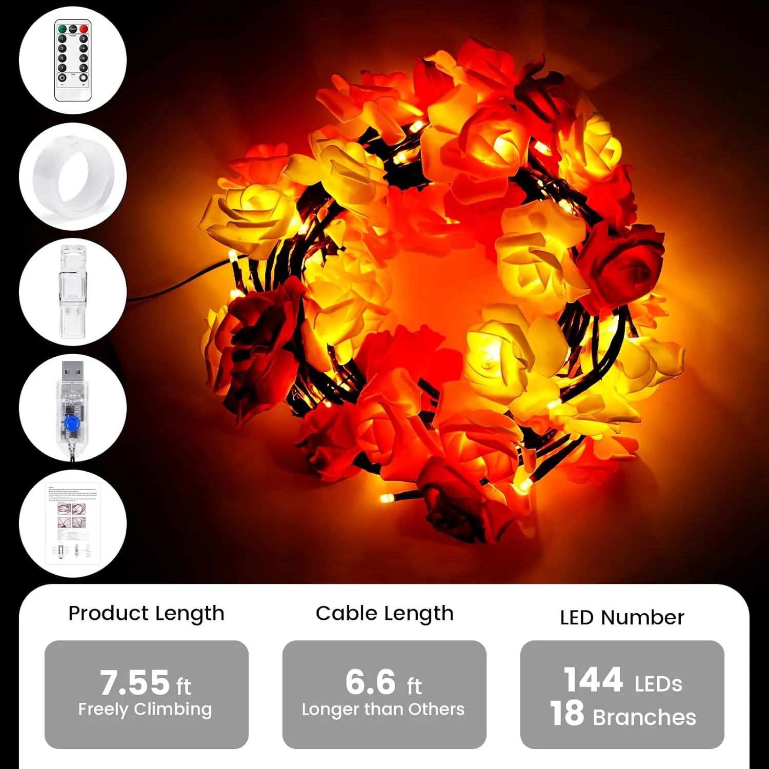 LED Tree Branch Lights With Remote and 8 Lighting Modes - Rose Garland Willow Vine for Bedroom Indoor Wall Wedding Valentines Day Decor (2.3M 144LEDs)