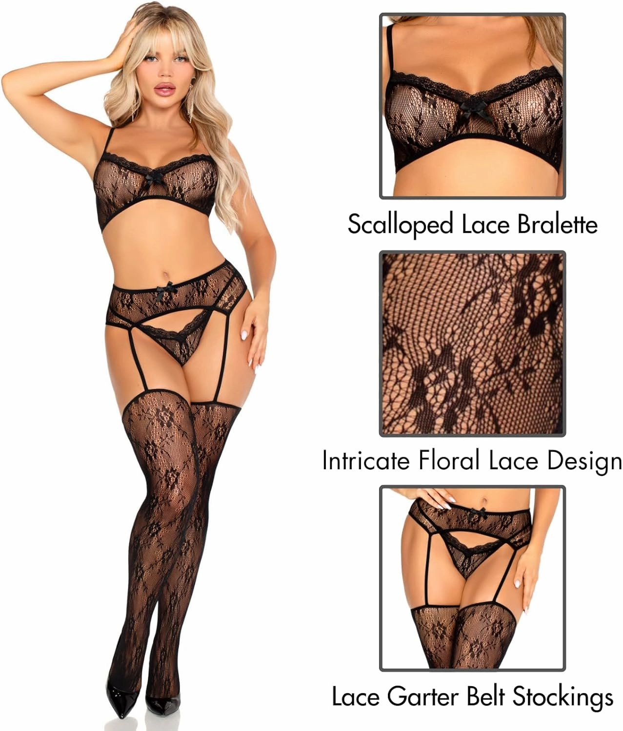 Leg Avenue womens 3 Pc Lace Bra Top With Mini Bow Detail, V-front G-string, and Garter Belt Stockings