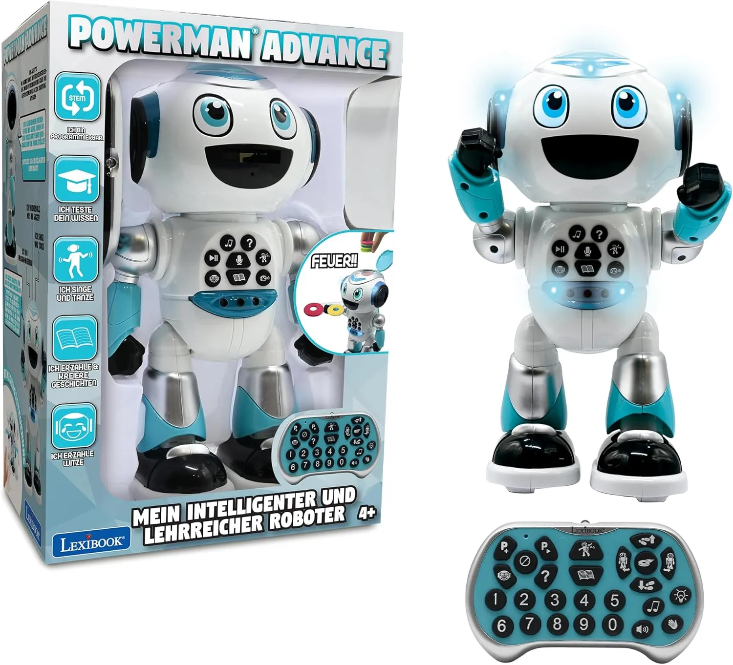 Lexibook - Powerman Advance - Robot télécommandé, Jouet interactif et éducatif pour Enfants Marche, Danse, Joue de la Musique, Fabrique et raconte des Histoires, programmable STEM - ROB28DE, Allemand