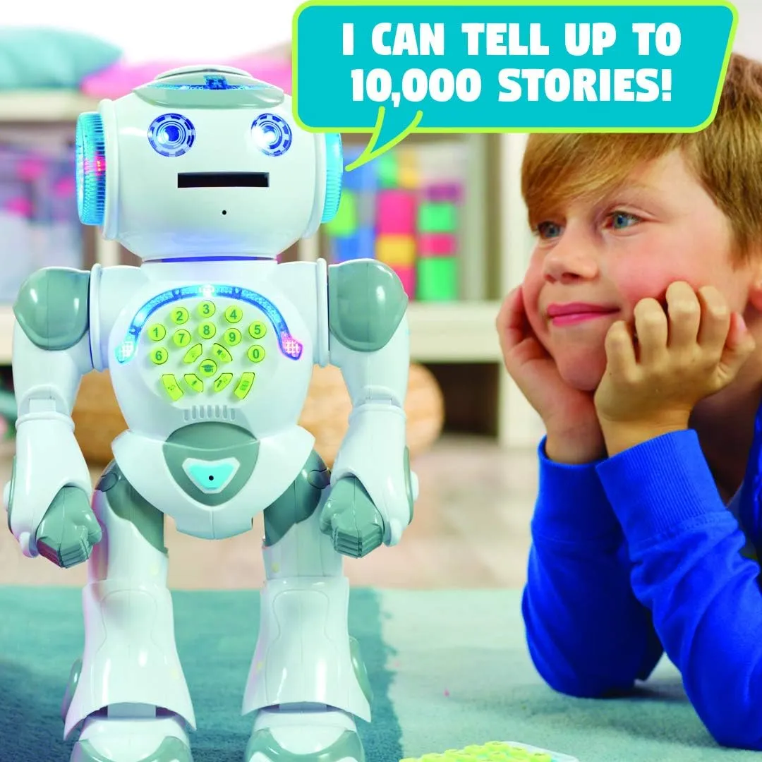 LEXiBOOK Powerman Max - Remote Control Walking Talking Toy Robot STEM Programmable Dances Sings Telling 10,000 Stories 300  Learning Quiz Shooting Discs and Voice Repeat for Kids 4  - ROB80EN, White