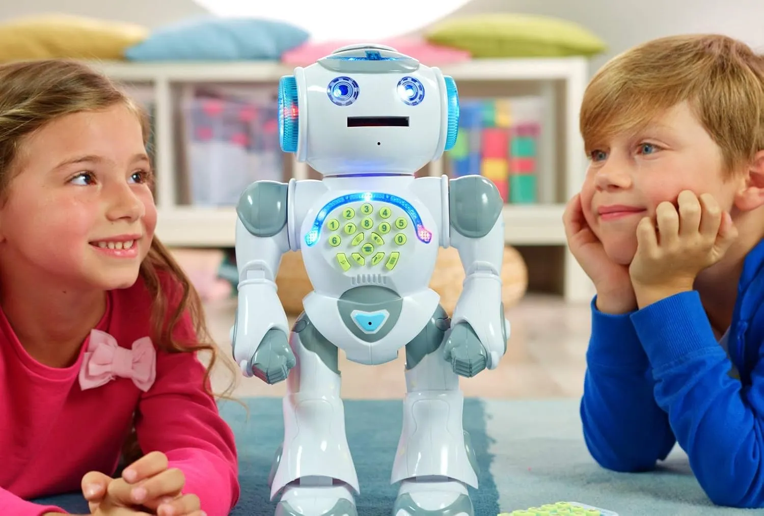LEXiBOOK Powerman Max - Remote Control Walking Talking Toy Robot STEM Programmable Dances Sings Telling 10,000 Stories 300  Learning Quiz Shooting Discs and Voice Repeat for Kids 4  - ROB80EN, White