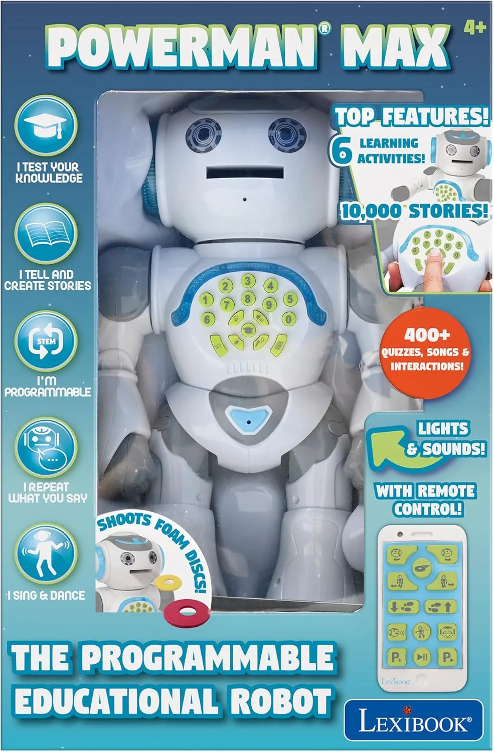 LEXiBOOK Powerman Max - Remote Control Walking Talking Toy Robot STEM Programmable Dances Sings Telling 10,000 Stories 300  Learning Quiz Shooting Discs and Voice Repeat for Kids 4  - ROB80EN, White