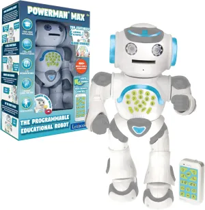 LEXiBOOK Powerman Max - Remote Control Walking Talking Toy Robot STEM Programmable Dances Sings Telling 10,000 Stories 300  Learning Quiz Shooting Discs and Voice Repeat for Kids 4  - ROB80EN, White