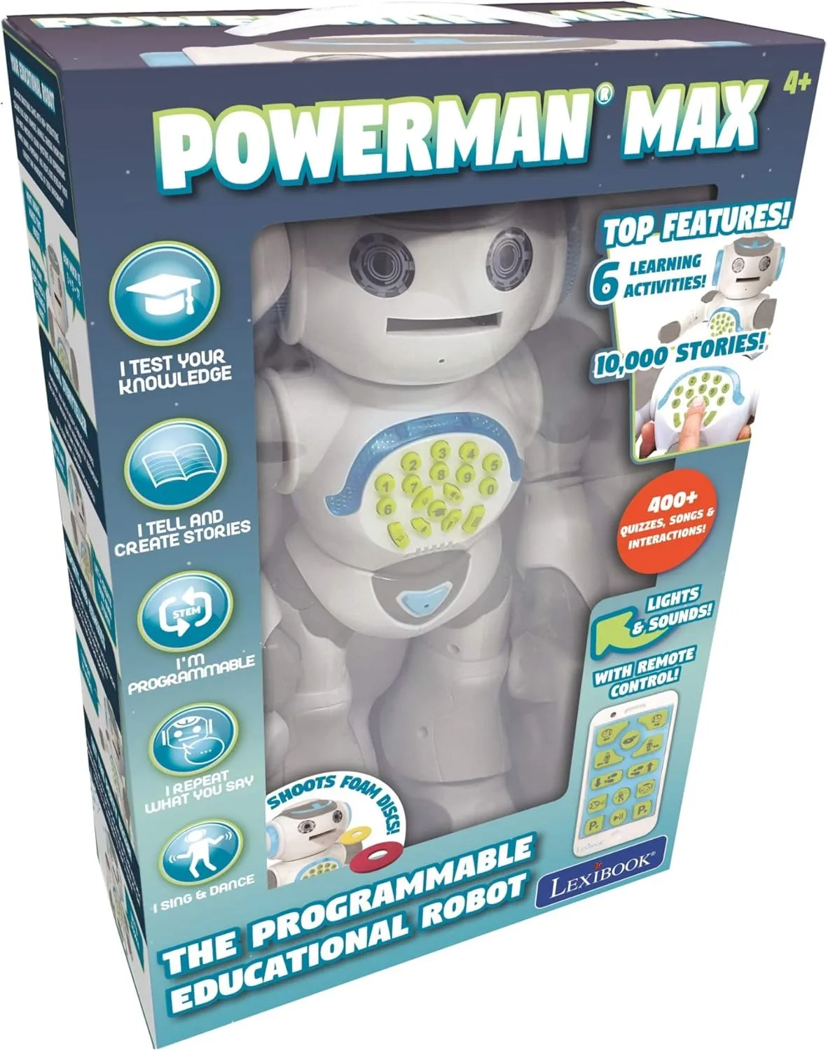 LEXiBOOK Powerman Max - Remote Control Walking Talking Toy Robot STEM Programmable Dances Sings Telling 10,000 Stories 300  Learning Quiz Shooting Discs and Voice Repeat for Kids 4  - ROB80EN, White