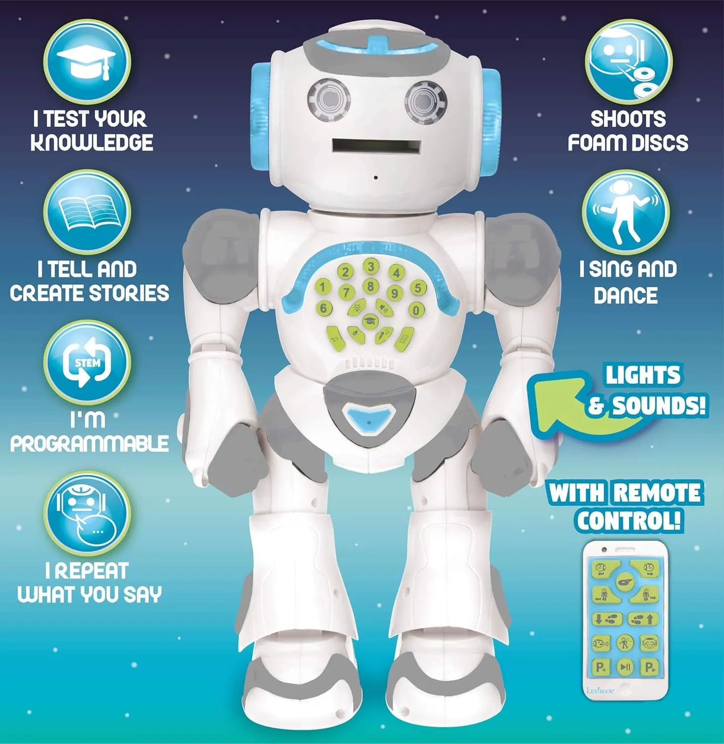 LEXiBOOK Powerman Max - Remote Control Walking Talking Toy Robot STEM Programmable Dances Sings Telling 10,000 Stories 300  Learning Quiz Shooting Discs and Voice Repeat for Kids 4  - ROB80EN, White