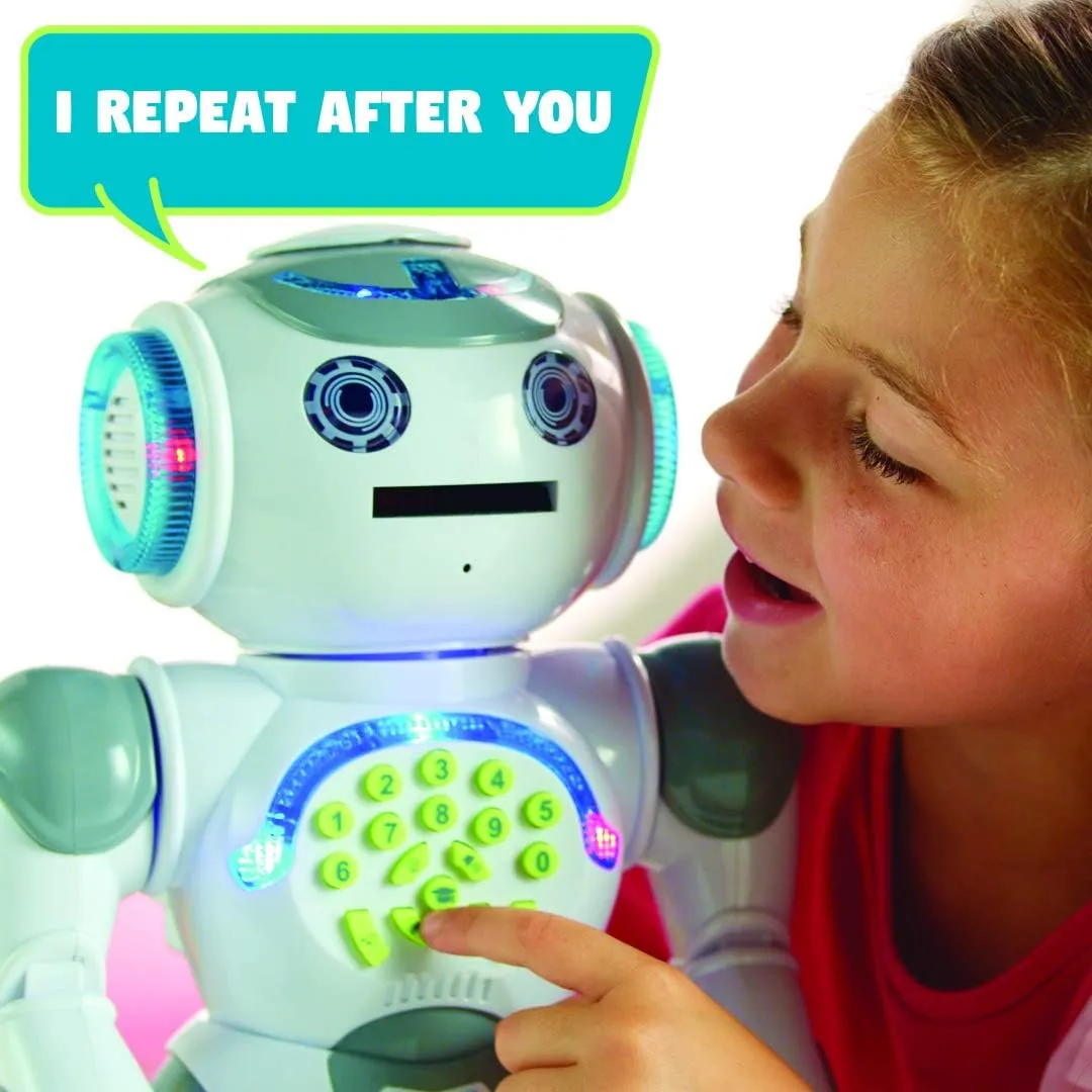 LEXiBOOK Powerman Max - Remote Control Walking Talking Toy Robot STEM Programmable Dances Sings Telling 10,000 Stories 300  Learning Quiz Shooting Discs and Voice Repeat for Kids 4  - ROB80EN, White