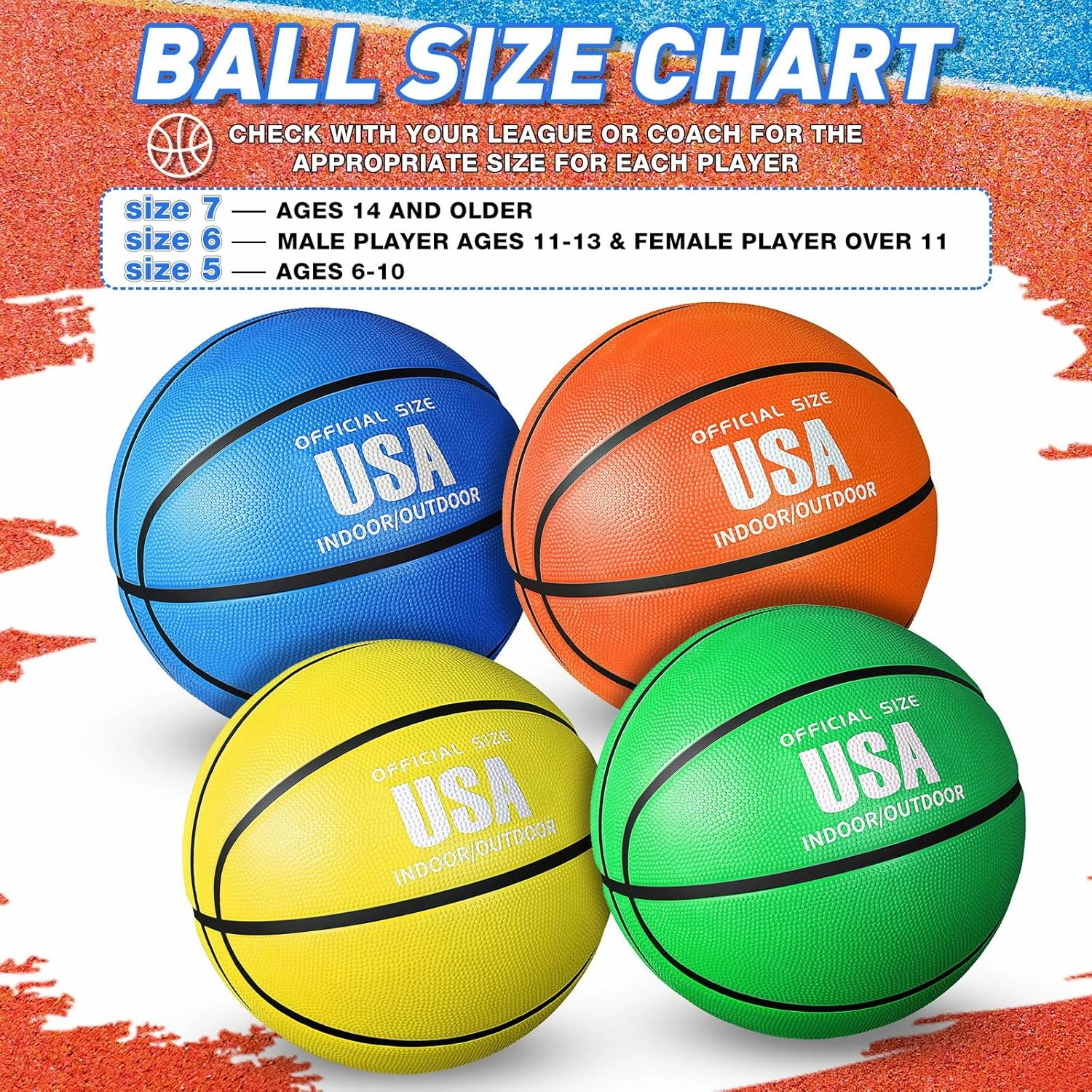 Libima 4 Pcs Rubber Basketball with Pump Official Indoor Outdoor Basketball Sport Gift for Game Practice Training Kids Teens Adults Streetbballs