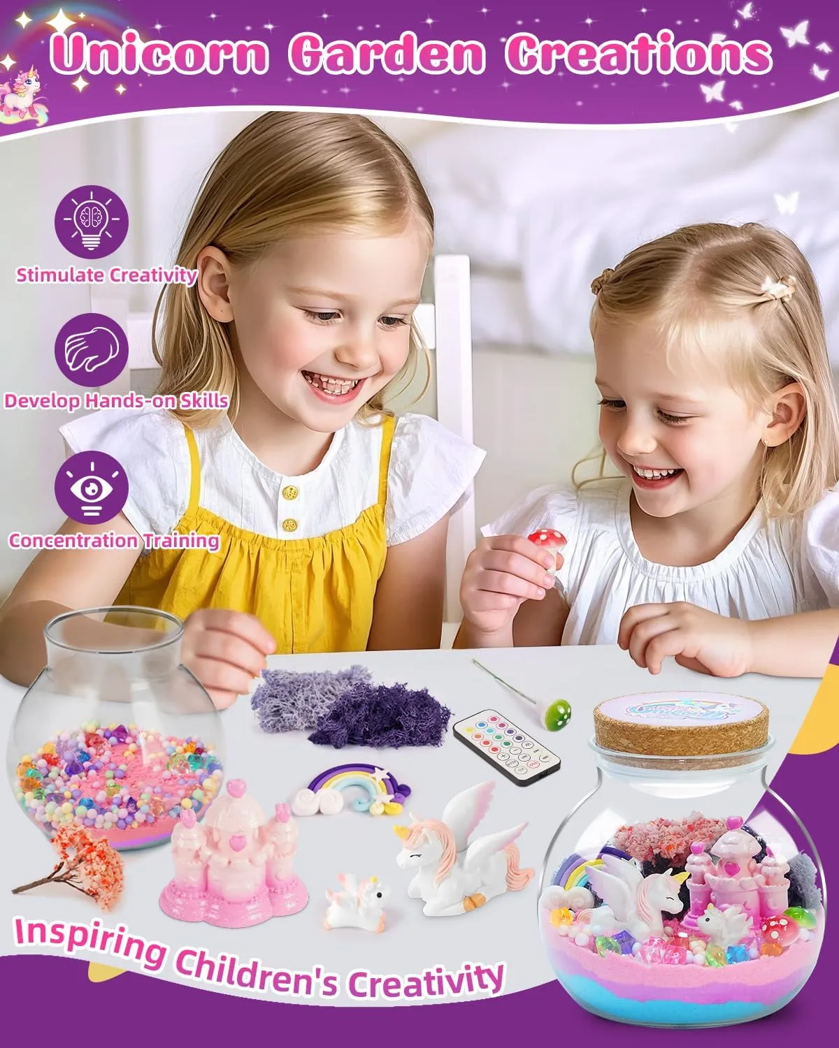 Light-Up Unicorn Terrarium Kit for Kids, DIY Arts & Crafts Gift for Girls Ages 4 5 6 7 8-12 Year Old, LED Night Light with Remote, Best Birthday Easter Unicorn Toys Gifts for Girls Kid