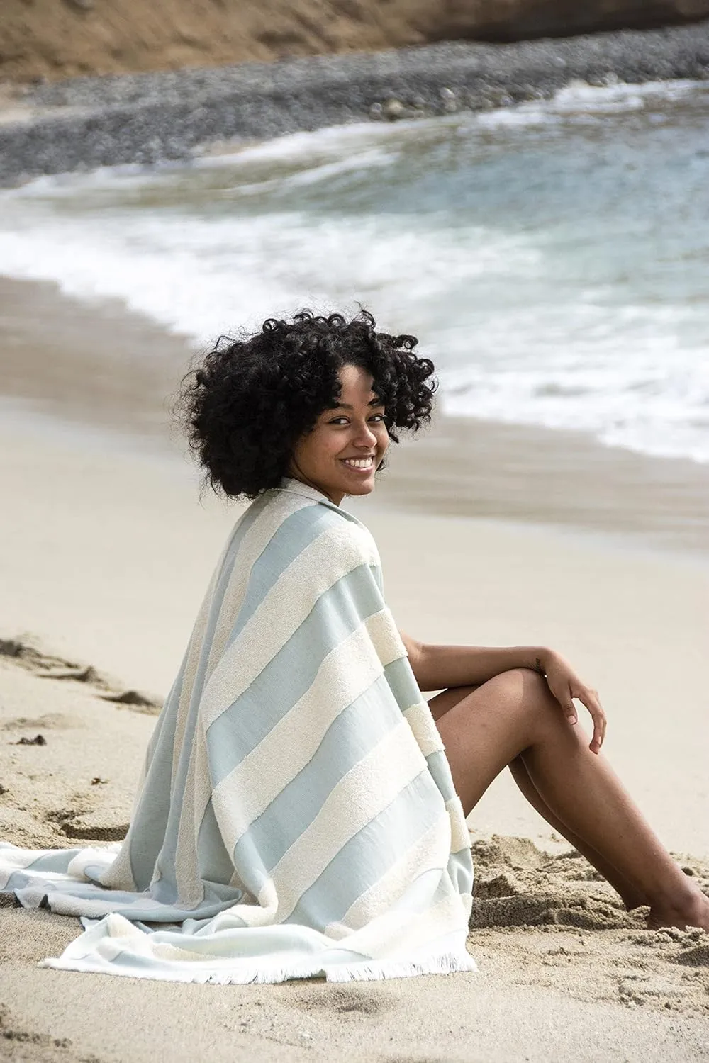 Lightweight Turkish Beach Towel - 100% BCI Cotton, Unbleached Raw Fringe, Oeko-TEX Certified, Absorbent, Eco-Friendly, 36x66 in, 1 lb, Natural Stripe, Portable Sarong Blanket for Pool, Travel, Gift
