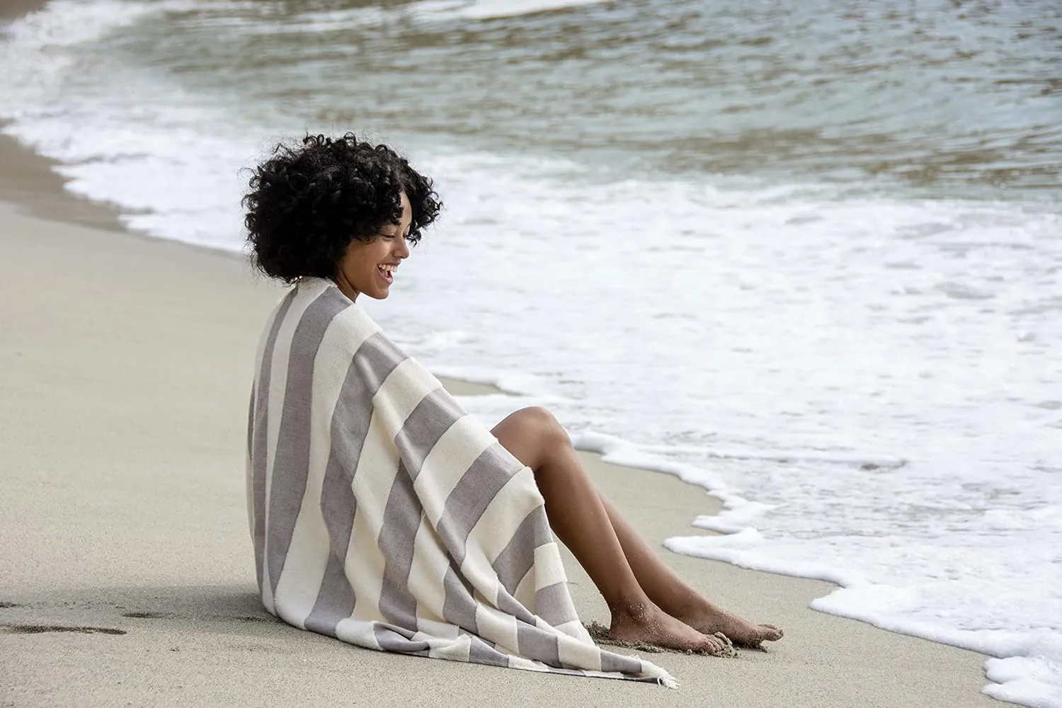 Lightweight Turkish Beach Towel - 100% BCI Cotton, Unbleached Raw Fringe, Oeko-TEX Certified, Absorbent, Eco-Friendly, 36x66 in, 1 lb, Natural Stripe, Portable Sarong Blanket for Pool, Travel, Gift