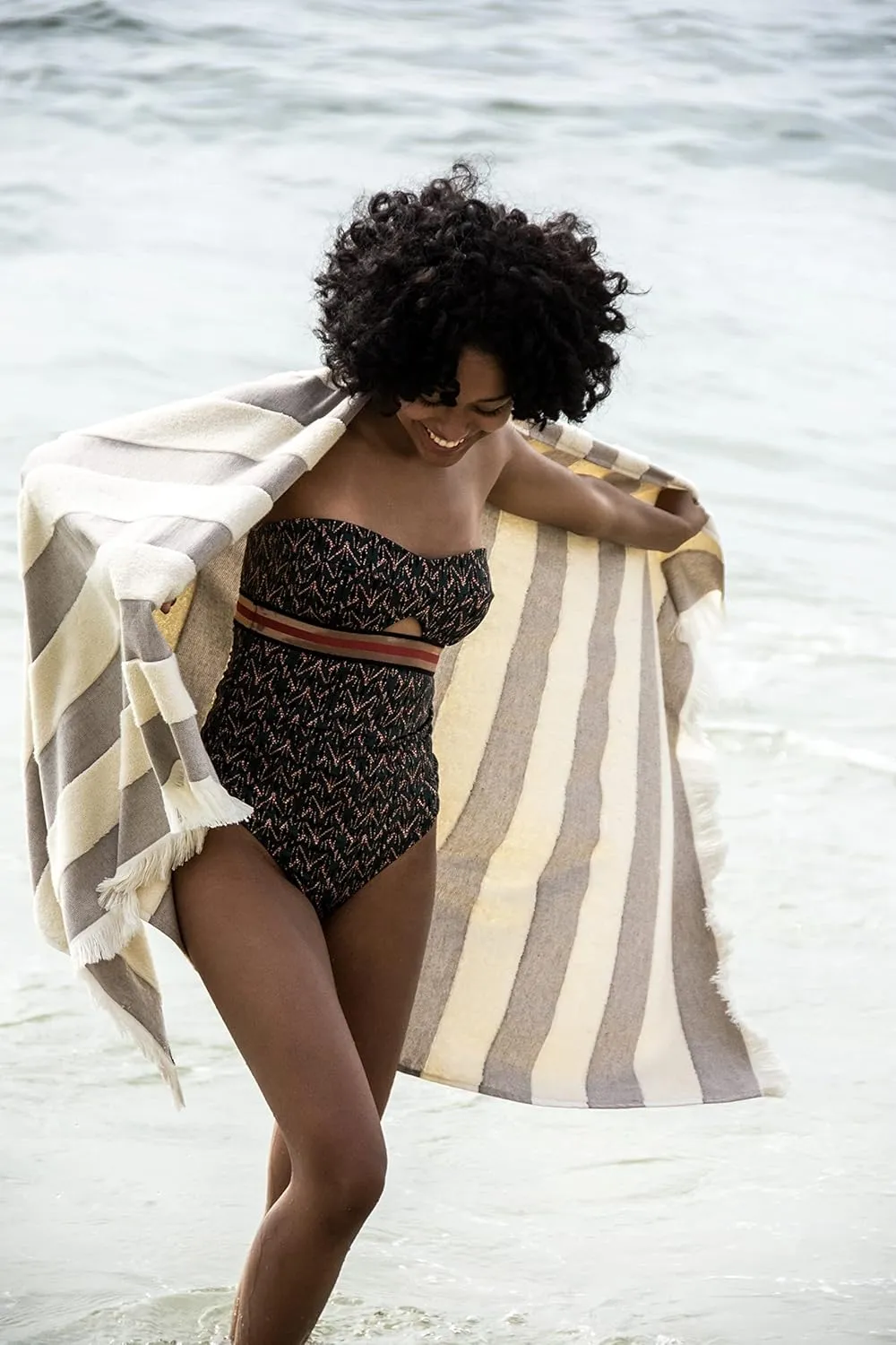 Lightweight Turkish Beach Towel - 100% BCI Cotton, Unbleached Raw Fringe, Oeko-TEX Certified, Absorbent, Eco-Friendly, 36x66 in, 1 lb, Natural Stripe, Portable Sarong Blanket for Pool, Travel, Gift