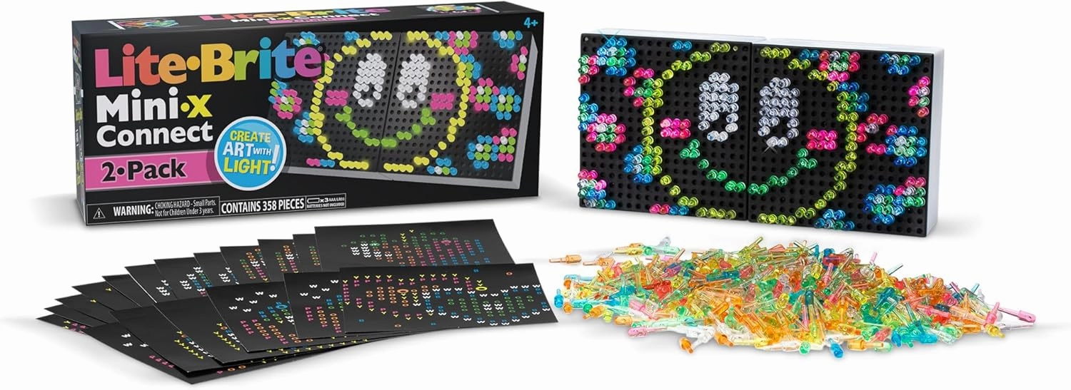 Lite Brite Mini-X Connect 2 Pack - Create Light Art with Pegs, Creative Art Stem Toy for Girls, Boys, Unisex, Toddler, Ages 4 , Holiday, Birthday, Gift