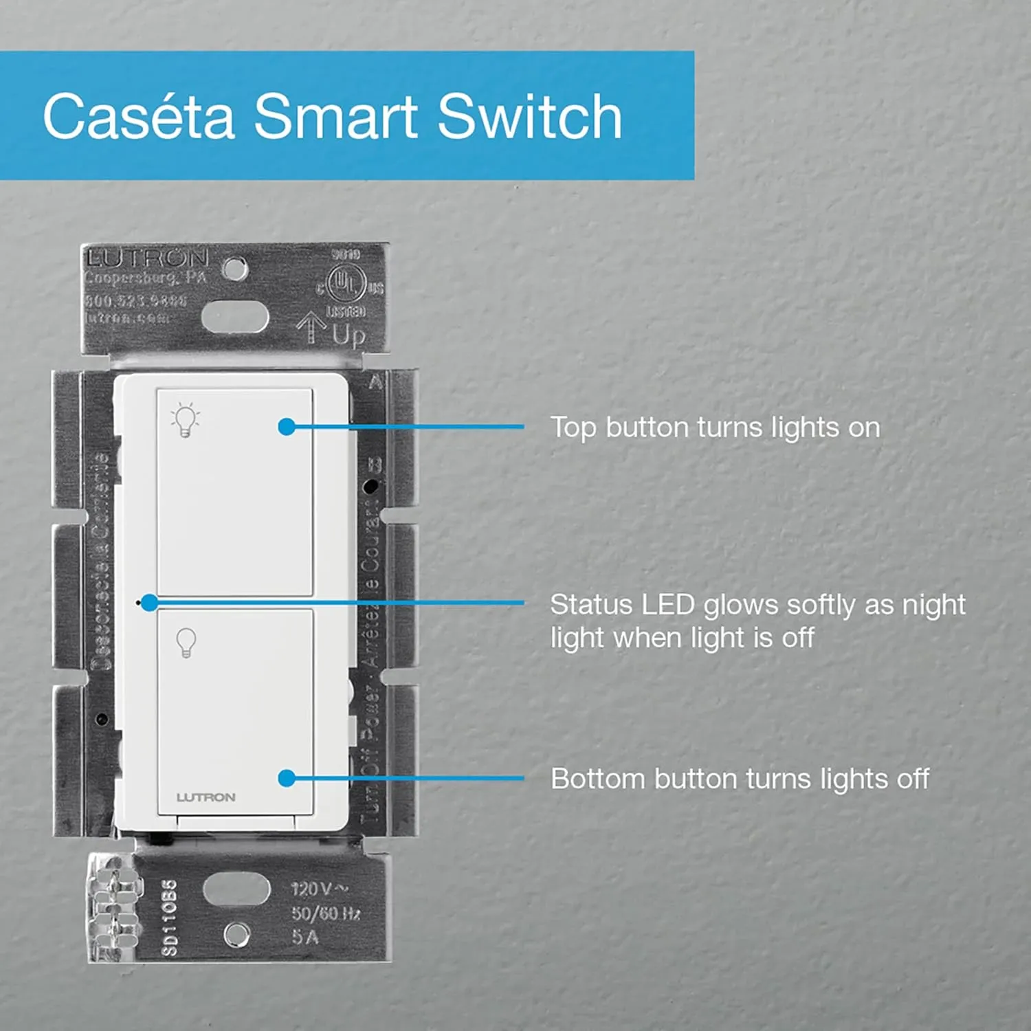 Lutron Caseta Original Smart Switch (Lutron Smart Hub Required), for LED Lights and Fans, 6 Amp, Single-Pole/3-Way, Neutral Required, PD-6ANS-WH, White