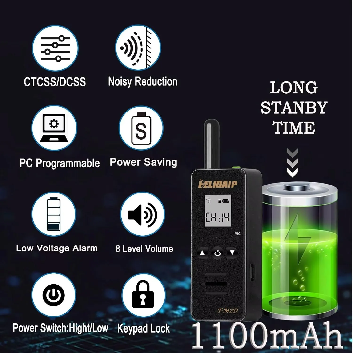 M2D Super Mini Walkie Talkies Long Range 128 Channel Two Way Radio with Earpieces LCD Screen Rechargeable Wakie-Talkies with Noise Cancelling for Indoor Outdoor Workplace Black 2-Pack