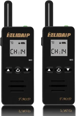 M2D Super Mini Walkie Talkies Long Range 128 Channel Two Way Radio with Earpieces LCD Screen Rechargeable Wakie-Talkies with Noise Cancelling for Indoor Outdoor Workplace Black 2-Pack
