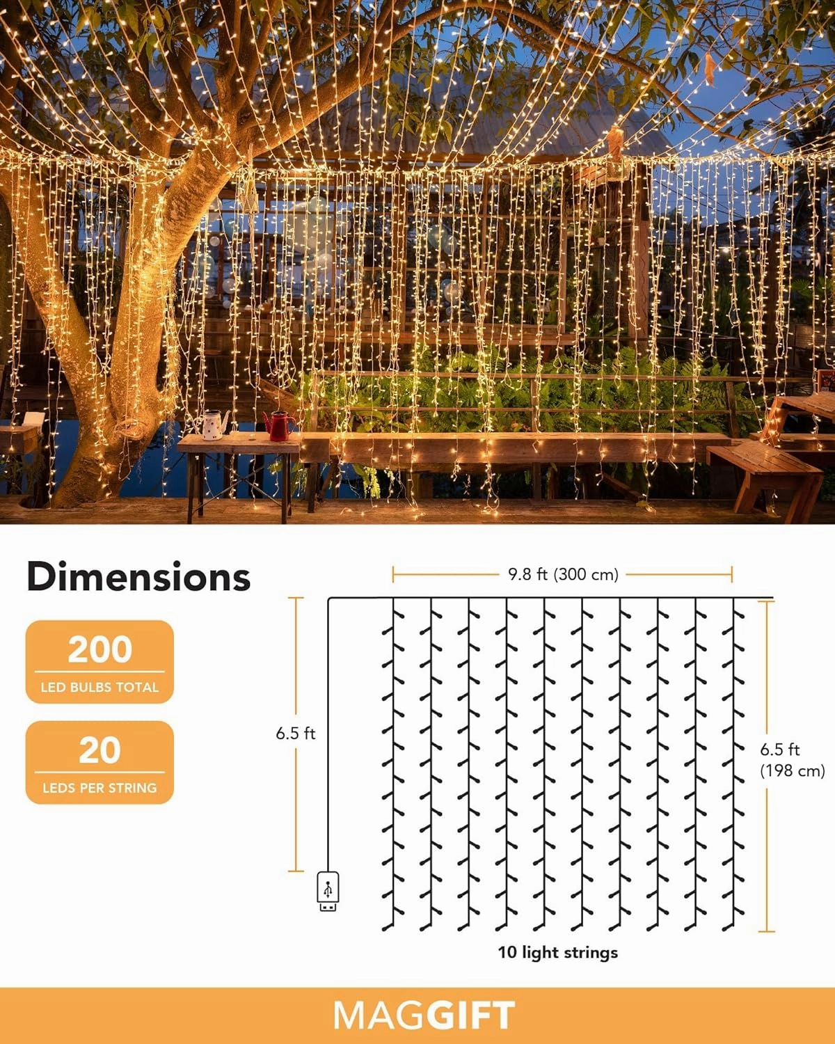 MAGGIFT 200 Led Hanging Curtain String Lights Outdoor Waterproof, 6.5 x 9.8 ft USB Fairy Curtain Lights.8 Modes Plug in Fairy String Light with Remote Control