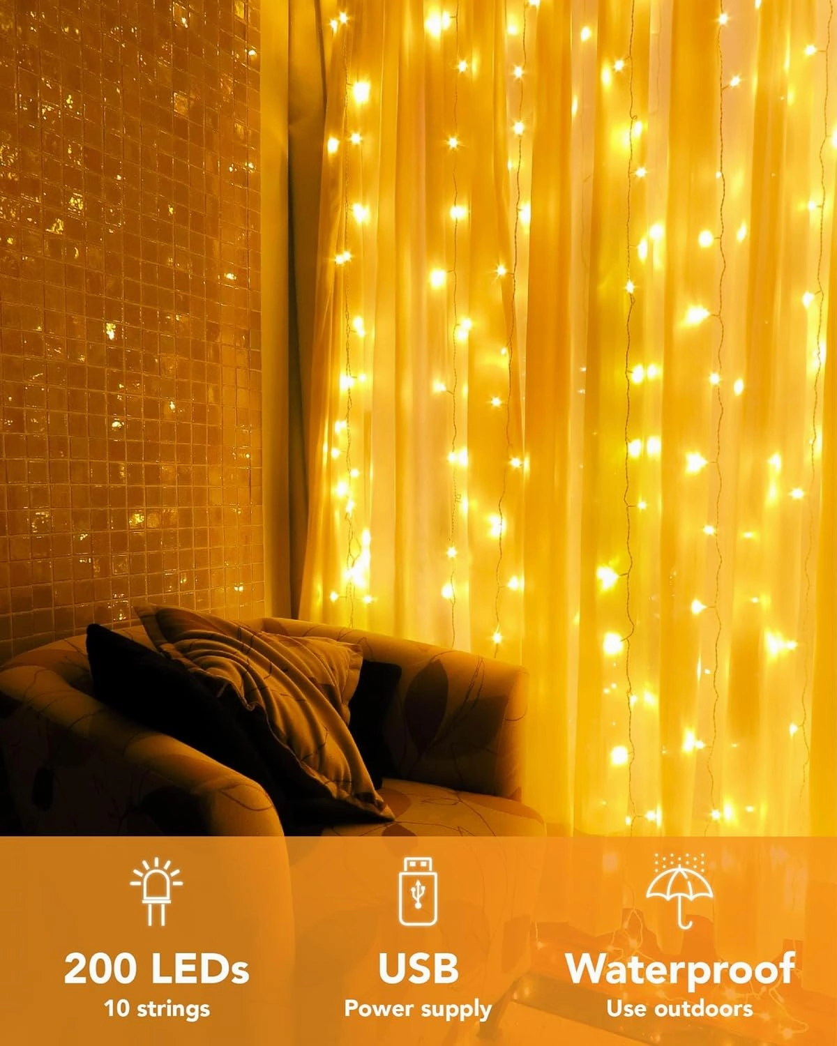 MAGGIFT 200 Led Hanging Curtain String Lights Outdoor Waterproof, 6.5 x 9.8 ft USB Fairy Curtain Lights.8 Modes Plug in Fairy String Light with Remote Control