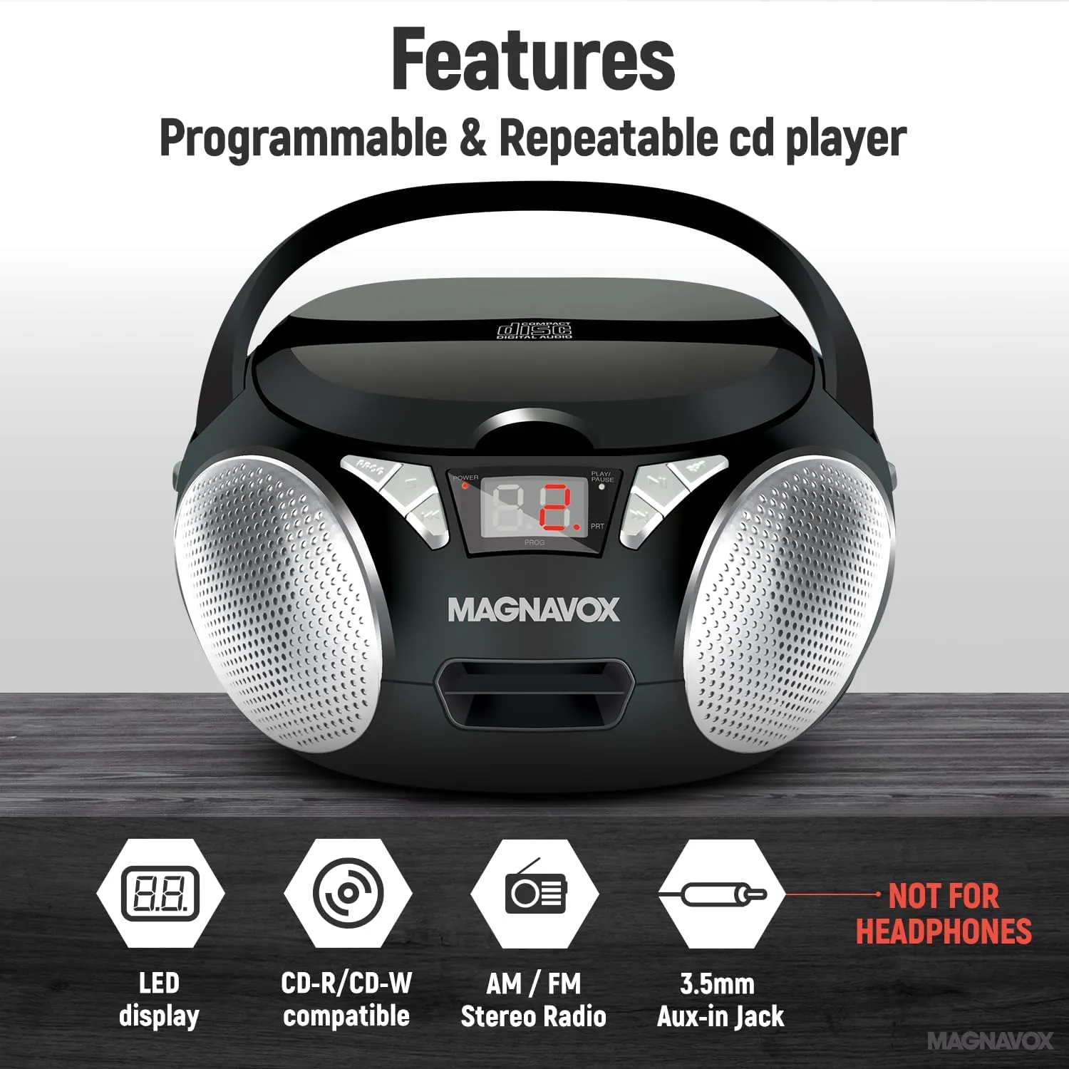 Magnavox MD6924 Portable Top Loading CD Boombox with AM/FM Stereo Radio in Black | CD-R/CD-RW Compatible | LED Display | AUX Input | Programmable CD Player | 1.6 watts of audio