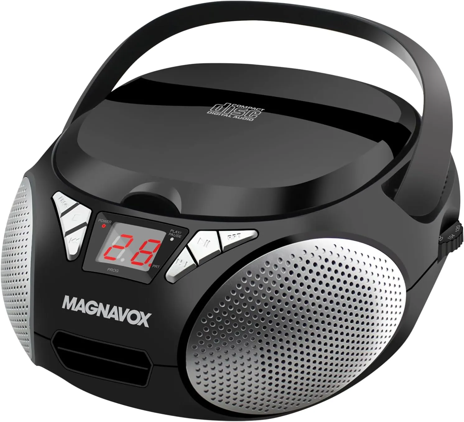 Magnavox MD6924 Portable Top Loading CD Boombox with AM/FM Stereo Radio in Black | CD-R/CD-RW Compatible | LED Display | AUX Input | Programmable CD Player | 1.6 watts of audio