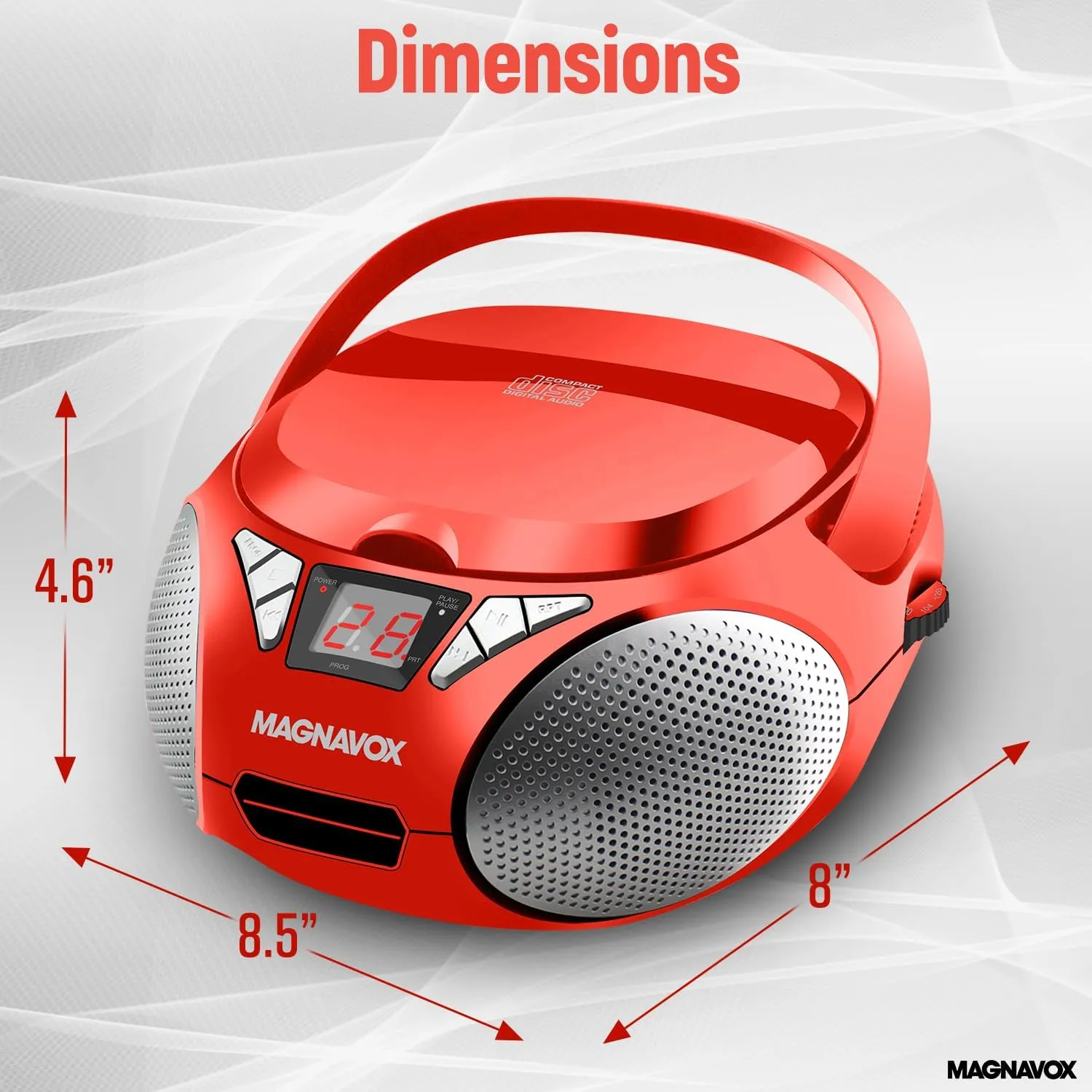 Magnavox MD6924 Portable Top Loading CD Boombox with AM/FM Stereo Radio in Black | CD-R/CD-RW Compatible | LED Display | AUX Port Supported | Programmable CD Player | (Red)