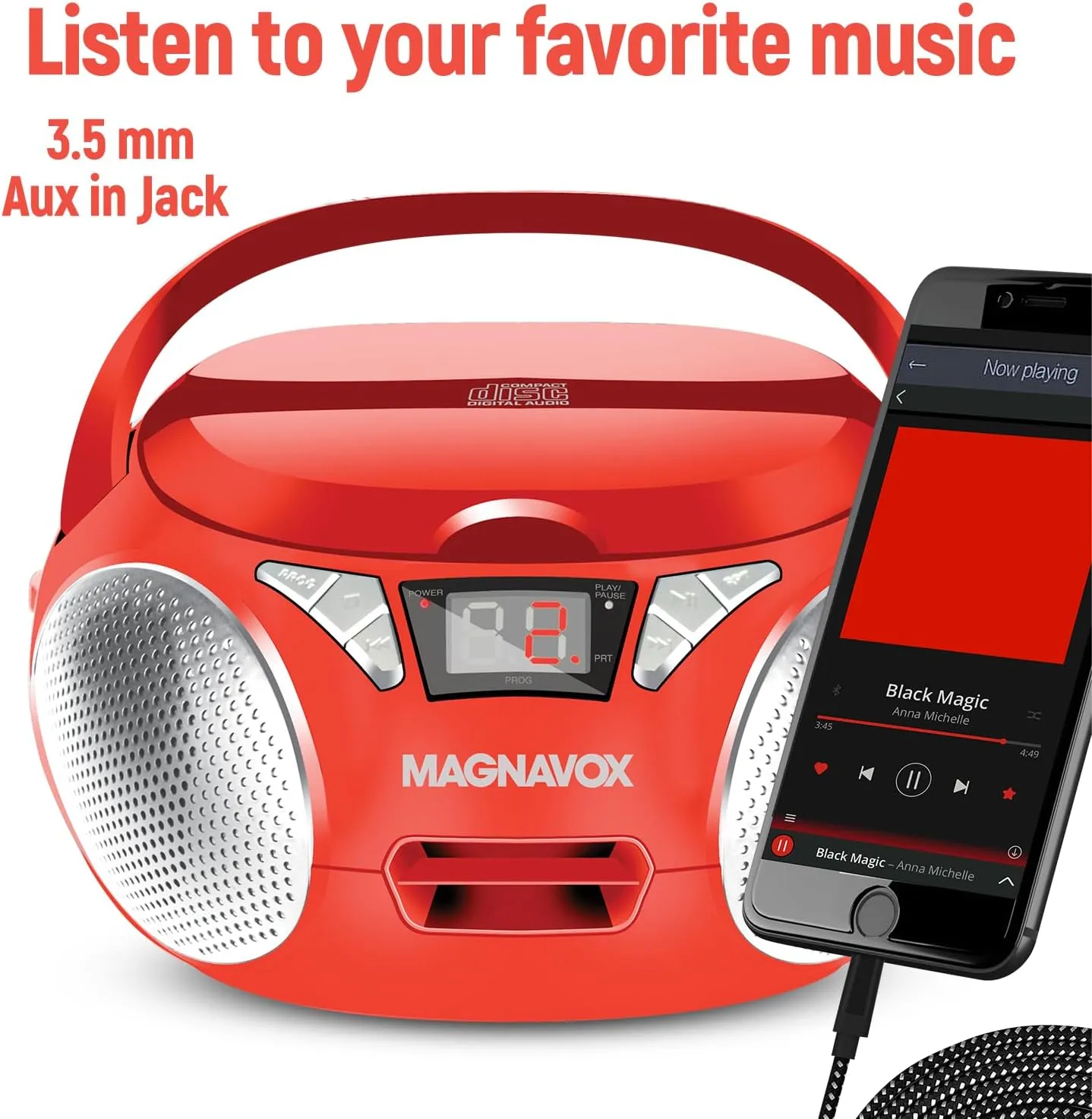 Magnavox MD6924 Portable Top Loading CD Boombox with AM/FM Stereo Radio in Black | CD-R/CD-RW Compatible | LED Display | AUX Port Supported | Programmable CD Player | (Red)
