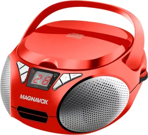 Magnavox MD6924 Portable Top Loading CD Boombox with AM/FM Stereo Radio in Black | CD-R/CD-RW Compatible | LED Display | AUX Port Supported | Programmable CD Player | (Red)
