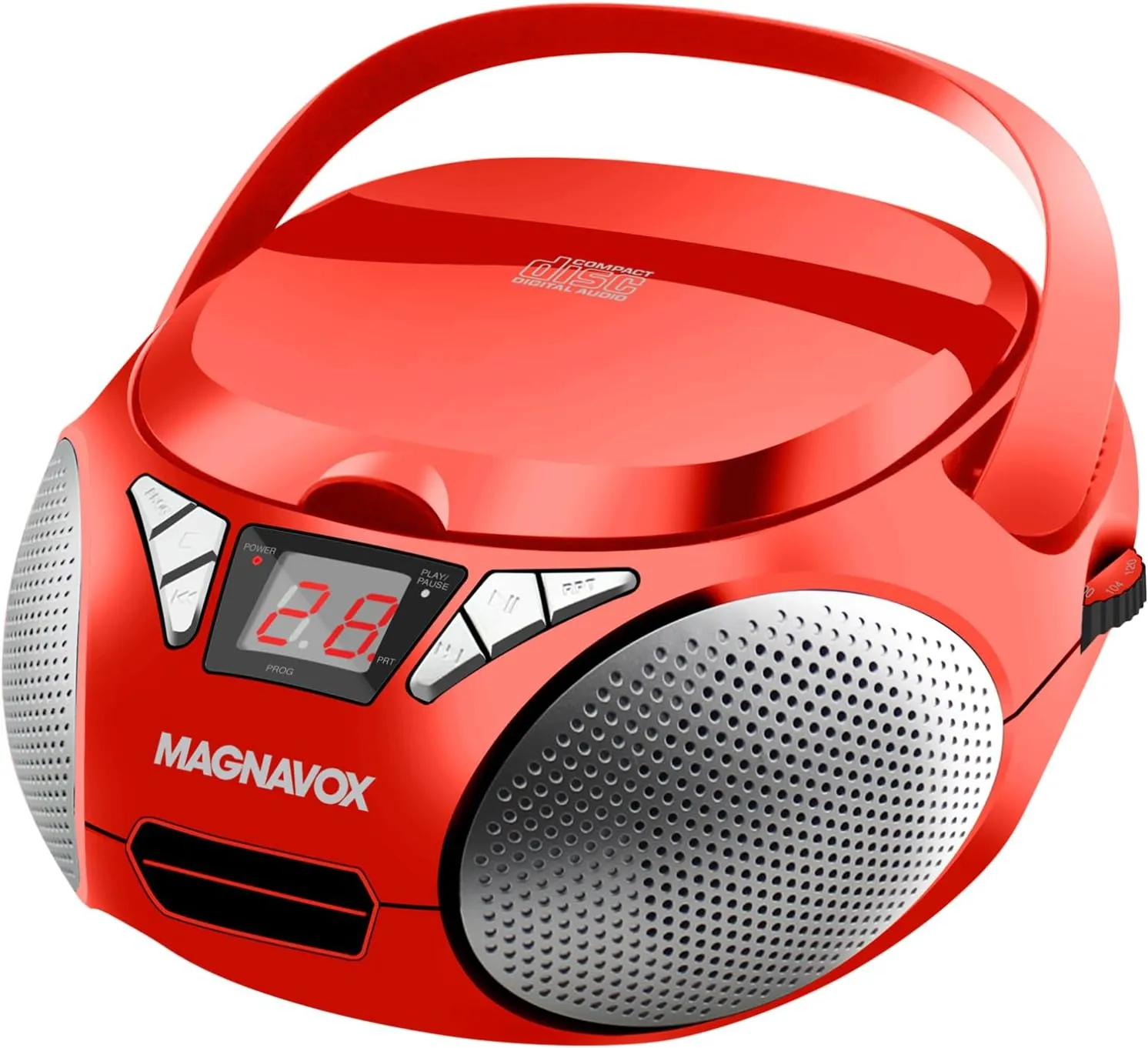 Magnavox MD6924 Portable Top Loading CD Boombox with AM/FM Stereo Radio in Black | CD-R/CD-RW Compatible | LED Display | AUX Port Supported | Programmable CD Player | (Red)