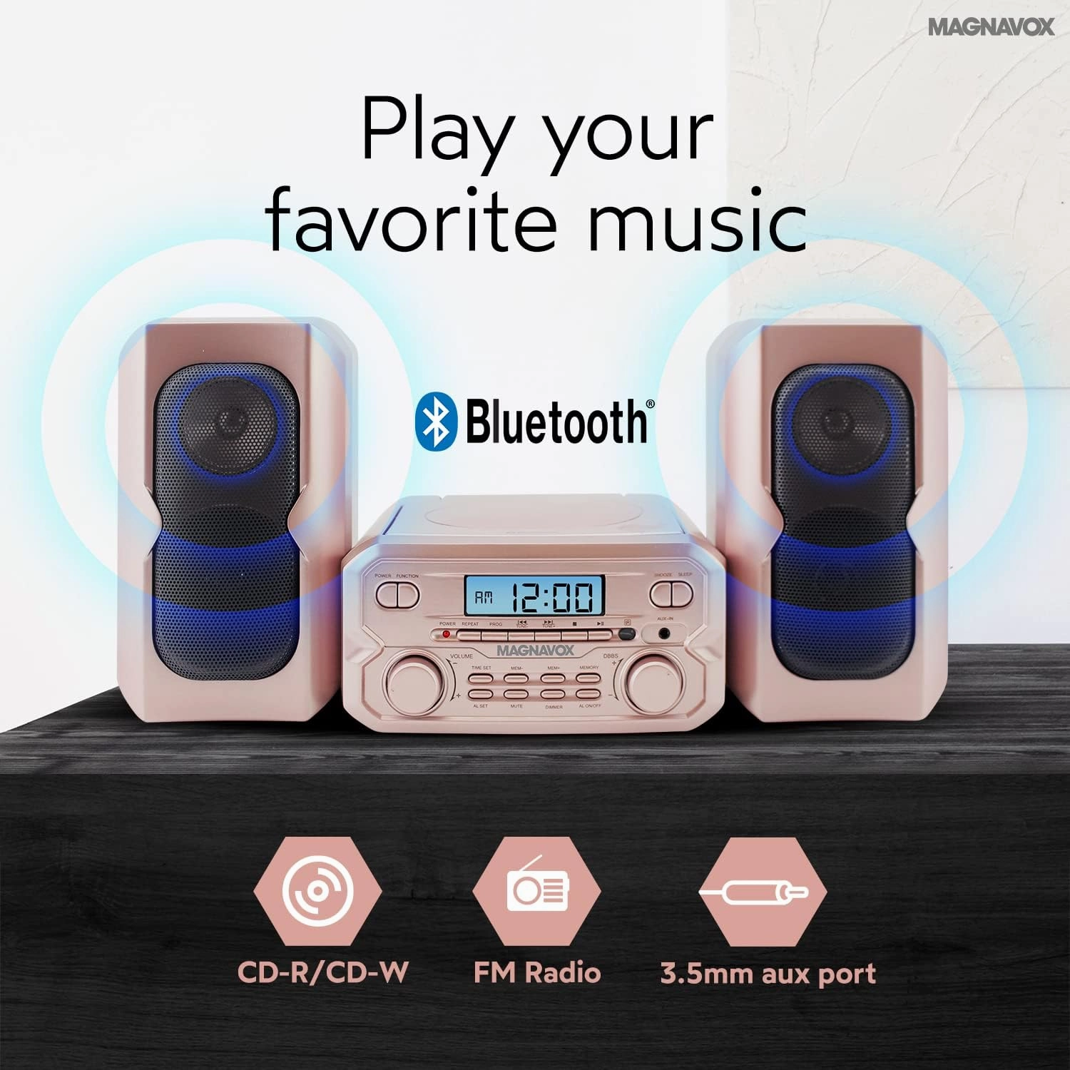 Magnavox MM435M2-RG 3-Piece Compact CD Shelf System with Digital FM Stereo Radio, Bluetooth Wireless Technology, and Remote Control in Rose Gold | LCD Display | AUX Port Compatible | 2024 Version