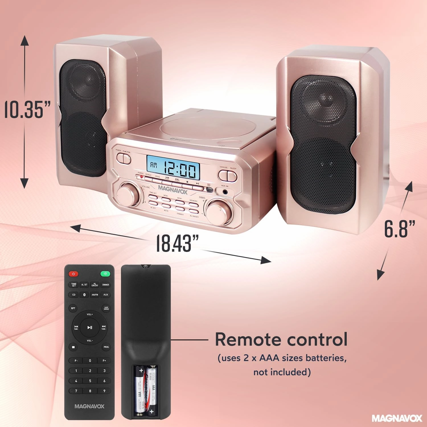 Magnavox MM435M2-RG 3-Piece Compact CD Shelf System with Digital FM Stereo Radio, Bluetooth Wireless Technology, and Remote Control in Rose Gold | LCD Display | AUX Port Compatible | 2024 Version