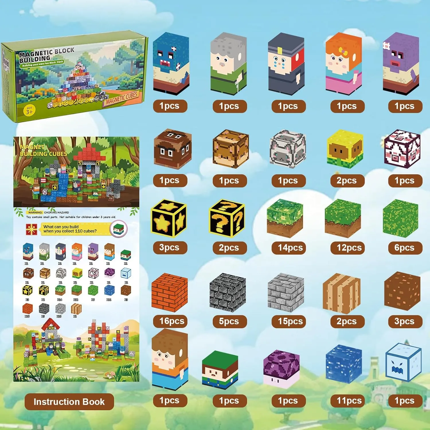 Magnetic Blocks - 110PCS Magnets Building Blocks World Set for Kids Ages 3-5 5-7 8-12, Magnetic Tiles Game Preschool Toys for 3 4 5 6 Year Old Girls Boys Gifts （STEM World）