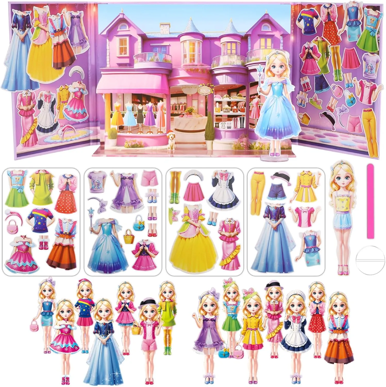 Magnetic Dress Up Dolls for Girls - Paper Doll Dress Up Game Stickers - 35 Piece Roleplay Magnetic Travel Playset, with 3D Store Wardrobe Game Scene, Paper Dolls for Girls Ages 4-7 (Amy)