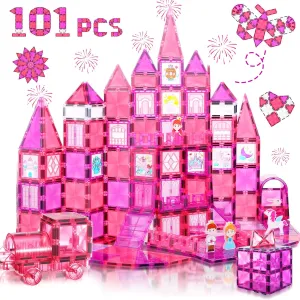 Magnetic Tiles, 101PCS Magnetic Blocks with Cars, Princess Magnet Building Tiles Construction Sets, Castle Magnet Blocks STEM Toys for Girls Kids Toddlers Ages 3 4 5 6 7 8 9  Year Old
