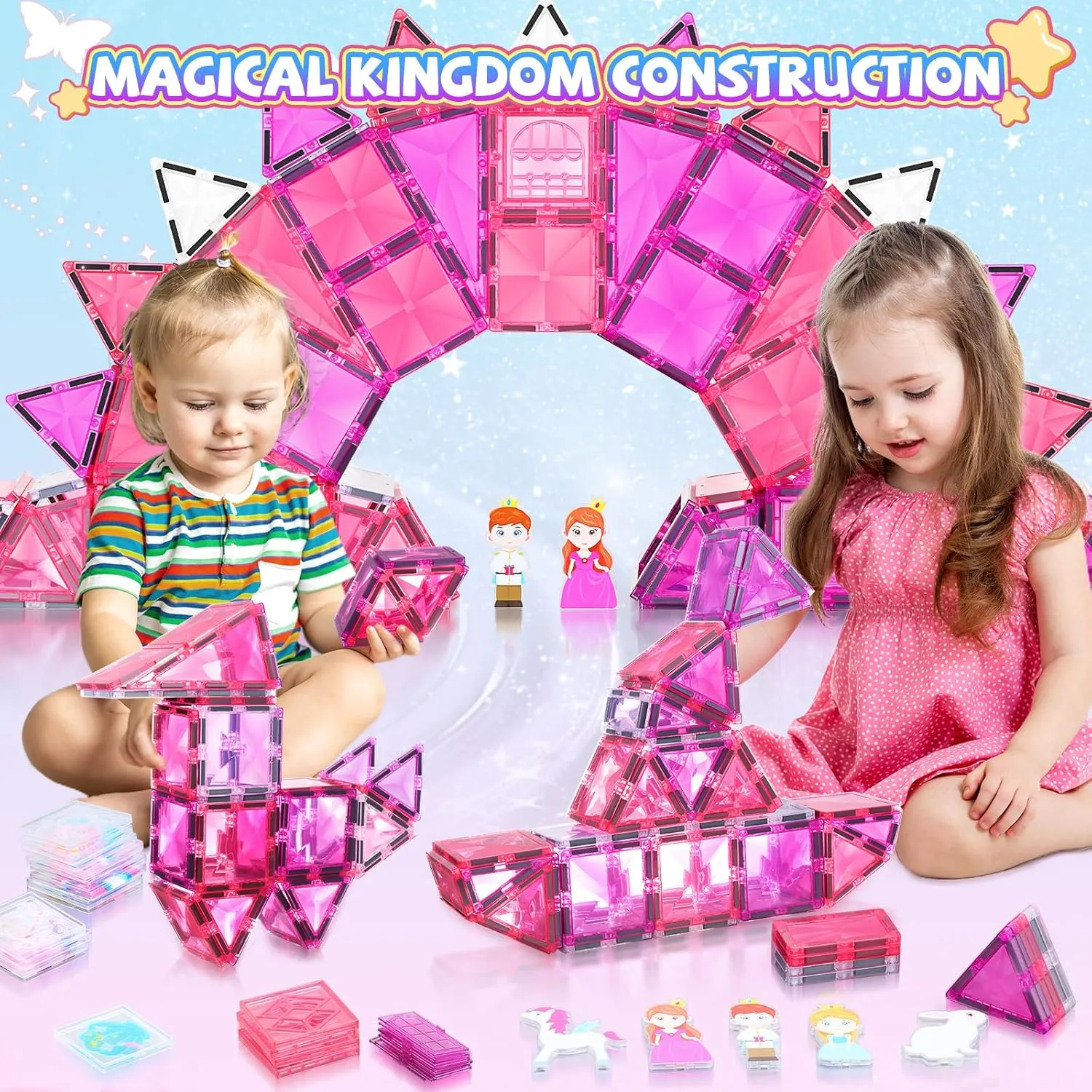 Magnetic Tiles, 101PCS Magnetic Blocks with Cars, Princess Magnet Building Tiles Construction Sets, Castle Magnet Blocks STEM Toys for Girls Kids Toddlers Ages 3 4 5 6 7 8 9  Year Old