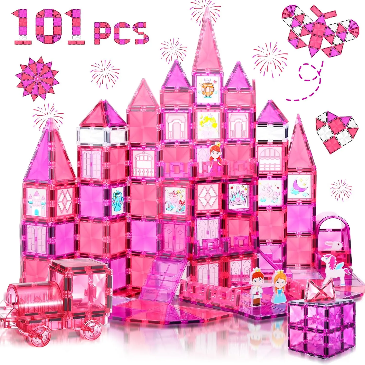 Magnetic Tiles, 101PCS Magnetic Blocks with Cars, Princess Magnet Building Tiles Construction Sets, Castle Magnet Blocks STEM Toys for Girls Kids Toddlers Ages 3 4 5 6 7 8 9  Year Old