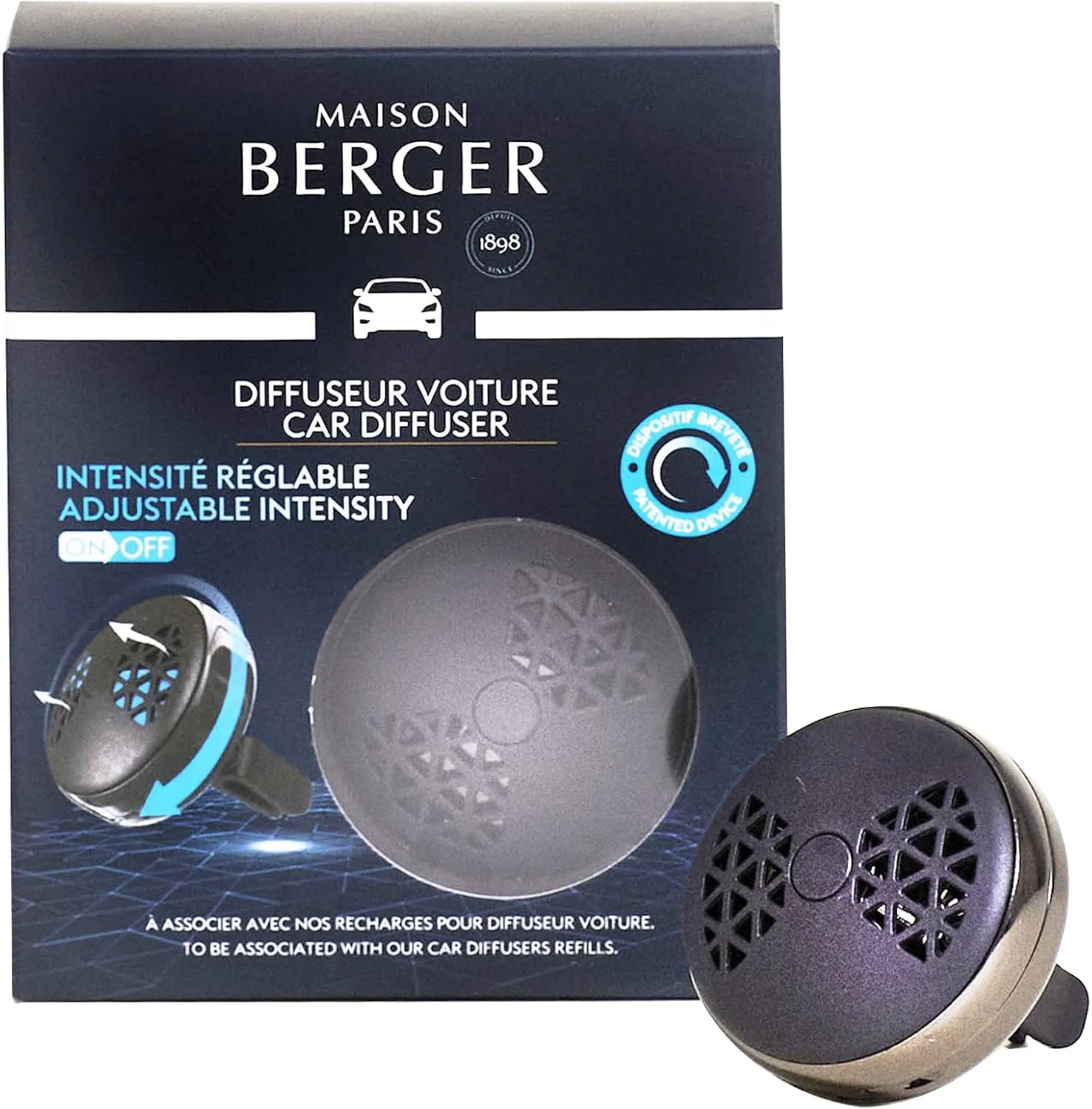 MAISON BERGER - Adjustable Refillable Car Air Freshener Vent Clip Diffuser Set - 1.75" Diameter x 1.25" Depth - Made in France (On/Off Smart - Black)