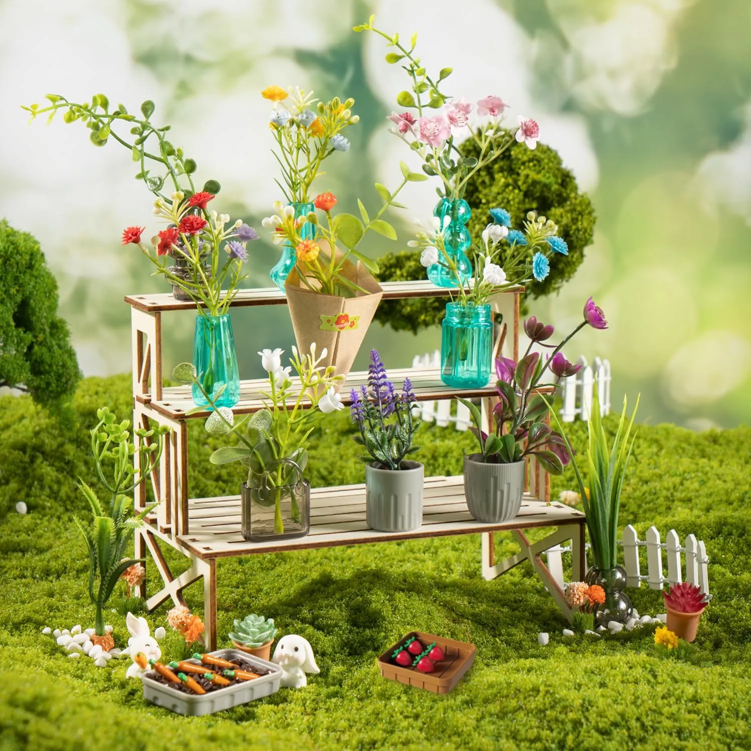 Make It Miniature Botanicals Collectibles Playset, Paper Flower Bouquet DIY Crafts, Mini Plants, Bonsai, Potted, Succulent, Garden, Farm, Wooden Stand for Display, Collectors, Toy Gift, 6 , 70 Pcs