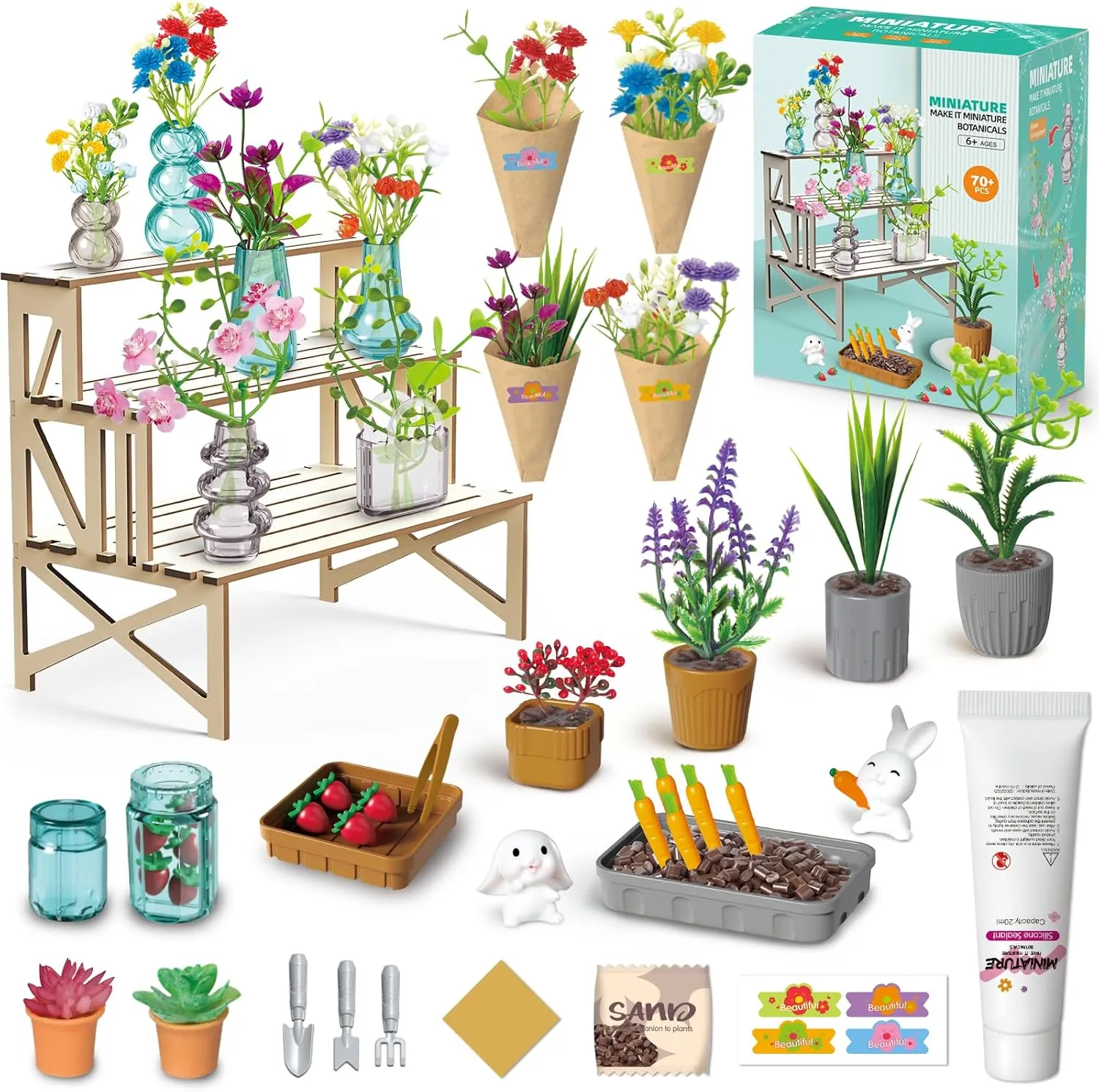 Make It Miniature Botanicals Collectibles Playset, Paper Flower Bouquet DIY Crafts, Mini Plants, Bonsai, Potted, Succulent, Garden, Farm, Wooden Stand for Display, Collectors, Toy Gift, 6 , 70 Pcs
