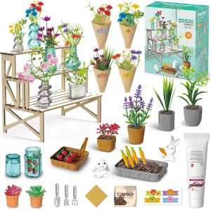 Make It Miniature Botanicals Collectibles Playset, Paper Flower Bouquet DIY Crafts, Mini Plants, Bonsai, Potted, Succulent, Garden, Farm, Wooden Stand for Display, Collectors, Toy Gift, 6 , 70 Pcs