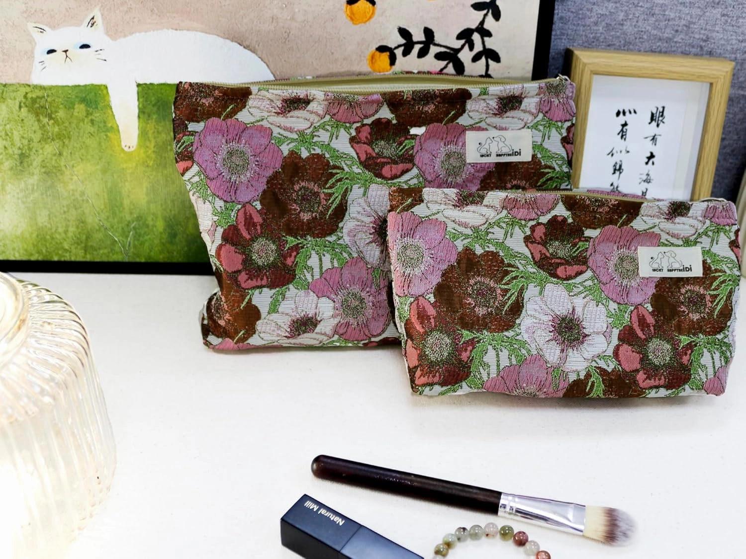 Makeup Bag Set 3 Cosmetic Toiletry Organizer Zipper Pouch for Purse Tote, Women Girls Gift, Large Medium Small, Red Floral Jacquard Polyester