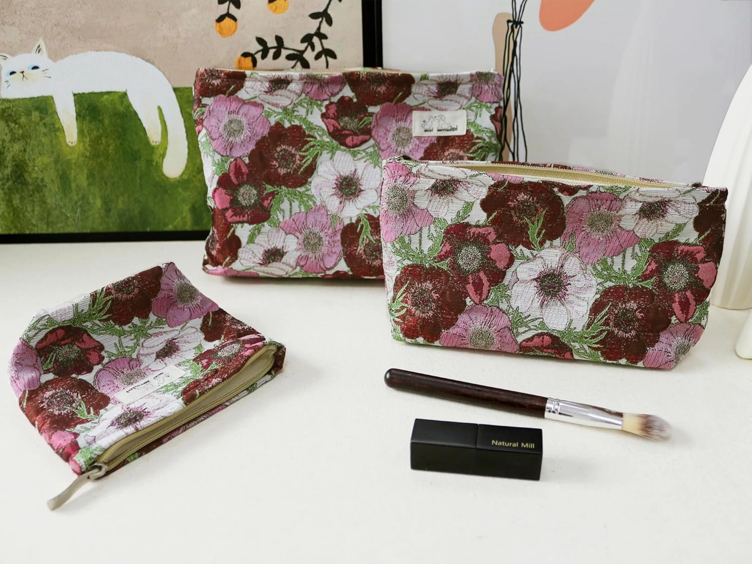Makeup Bag Set 3 Cosmetic Toiletry Organizer Zipper Pouch for Purse Tote, Women Girls Gift, Large Medium Small, Red Floral Jacquard Polyester