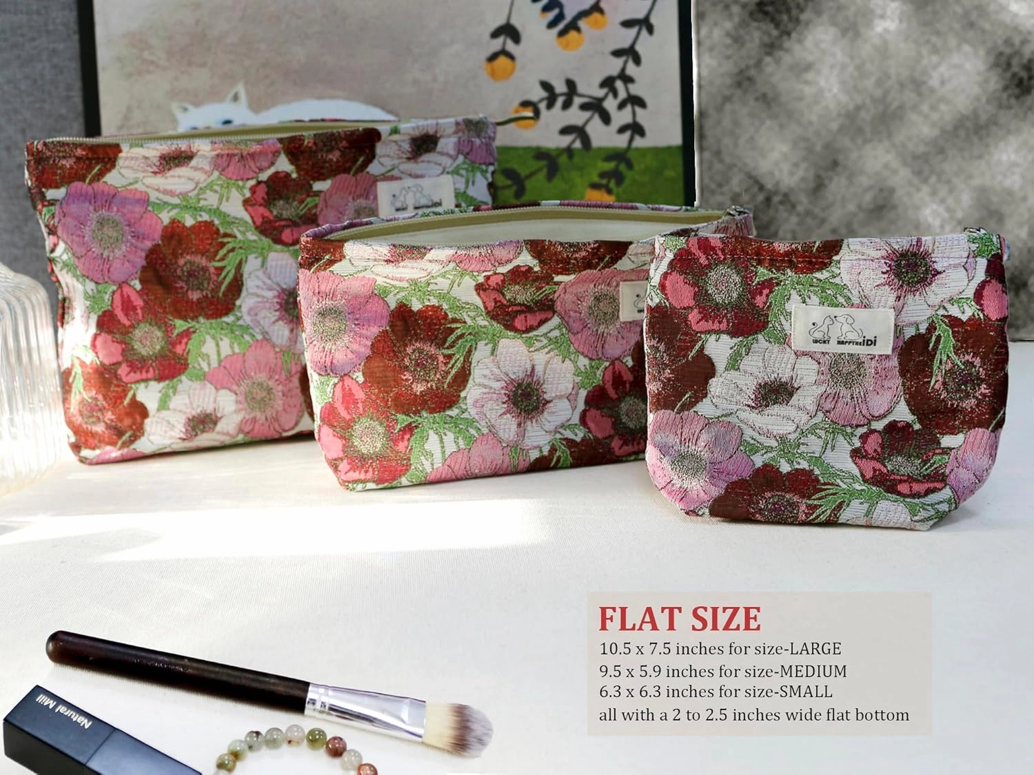 Makeup Bag Set 3 Cosmetic Toiletry Organizer Zipper Pouch for Purse Tote, Women Girls Gift, Large Medium Small, Red Floral Jacquard Polyester