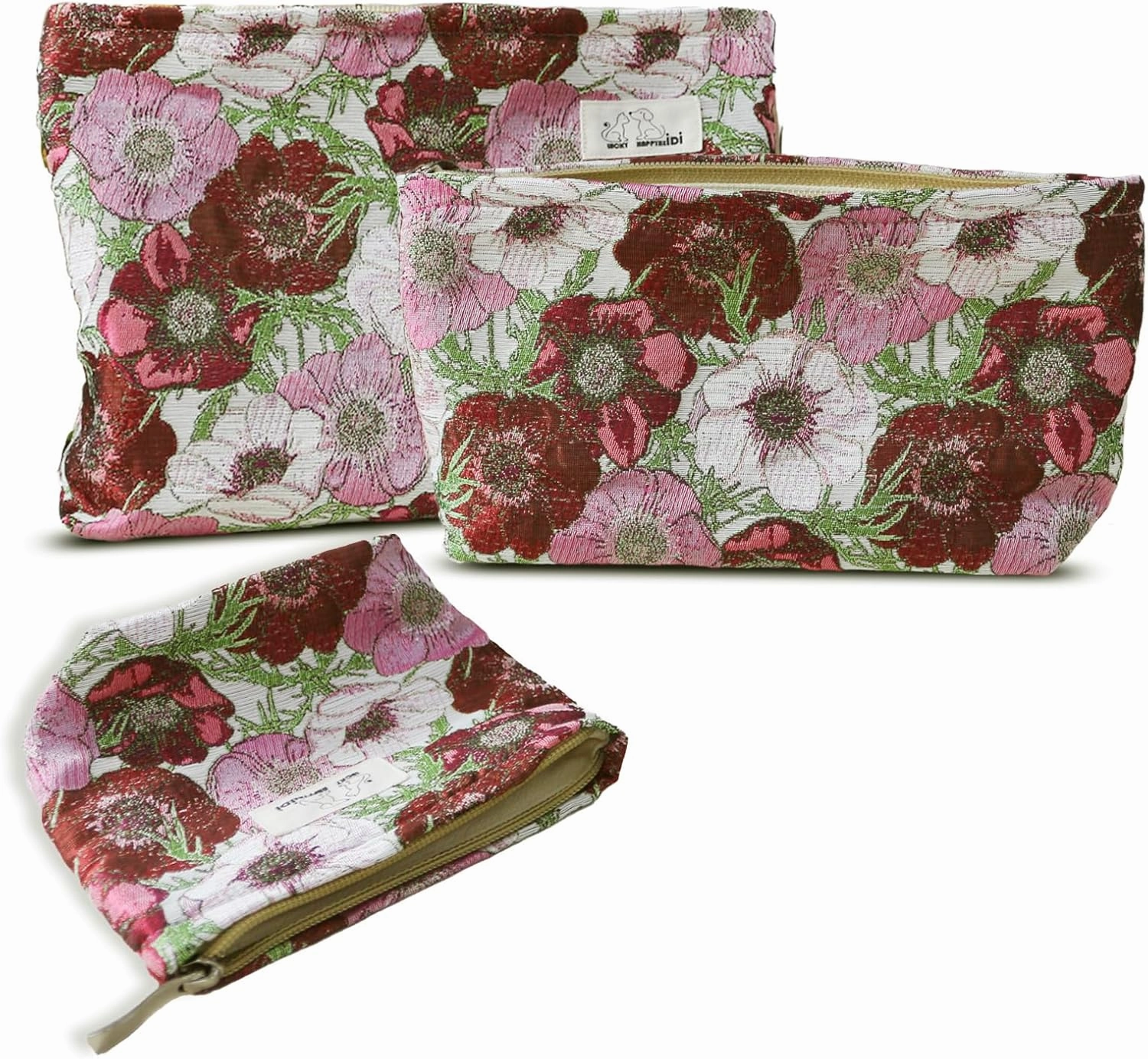Makeup Bag Set 3 Cosmetic Toiletry Organizer Zipper Pouch for Purse Tote, Women Girls Gift, Large Medium Small, Red Floral Jacquard Polyester