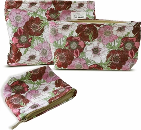 Makeup Bag Set 3 Cosmetic Toiletry Organizer Zipper Pouch for Purse Tote, Women Girls Gift, Large Medium Small, Red Floral Jacquard Polyester