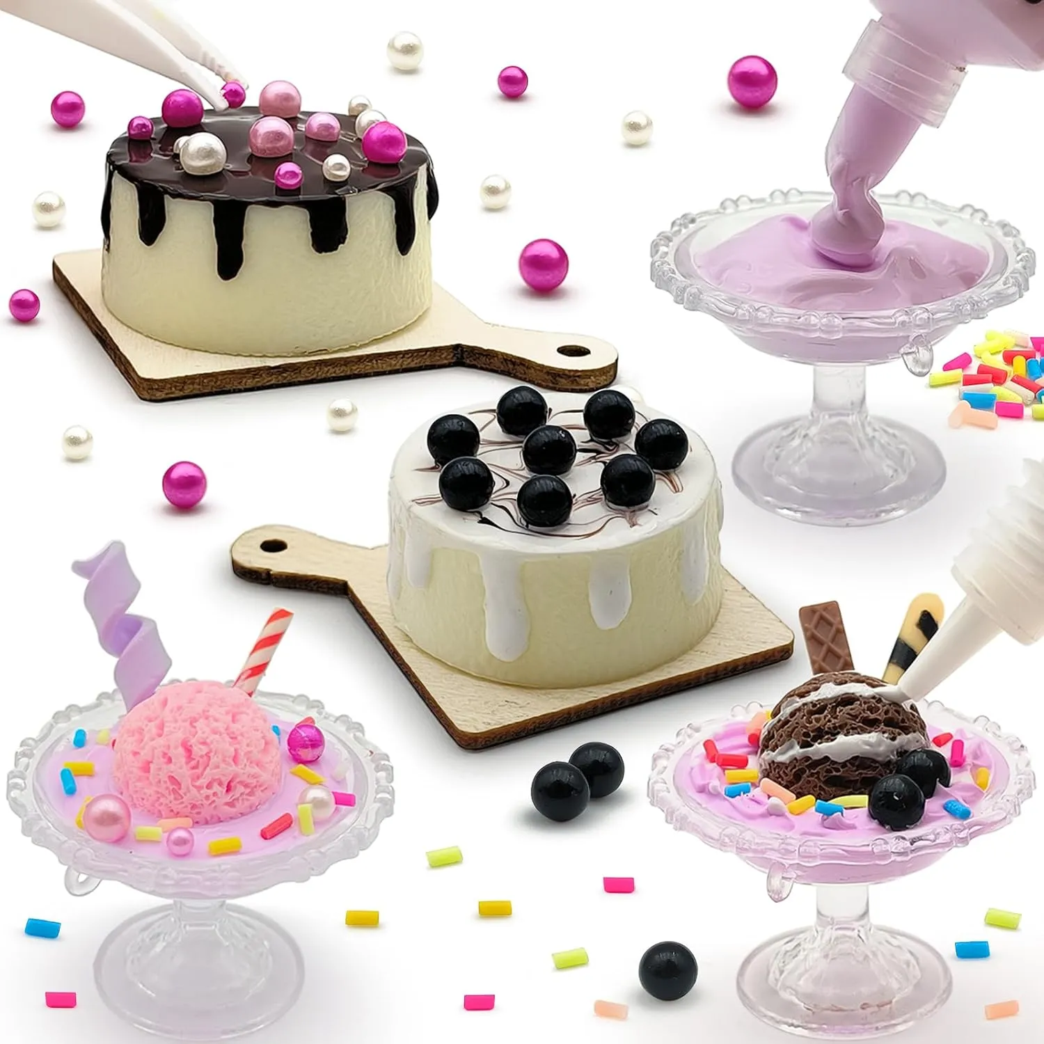 Making Mini Food Toy Miniature Cake Dessert Collectible Toy DIY Kitchen Pretend Play Food Material Kit for Kids Age 8  (4 Cake Dessert)